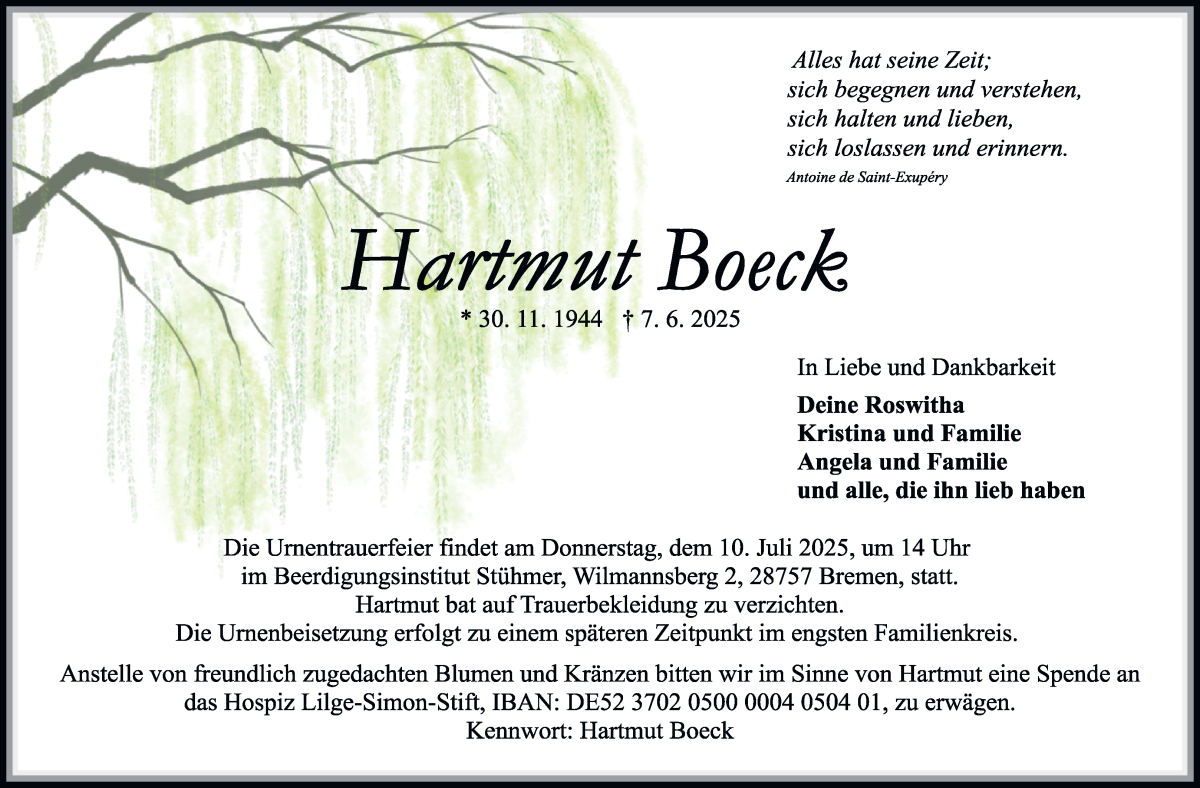 Traueranzeige von Hartmut Boeck von Die Norddeutsche