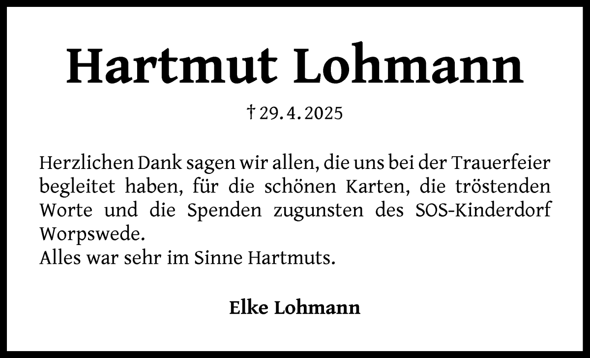 Traueranzeige von Hartmut Lohmann von WESER-KURIER