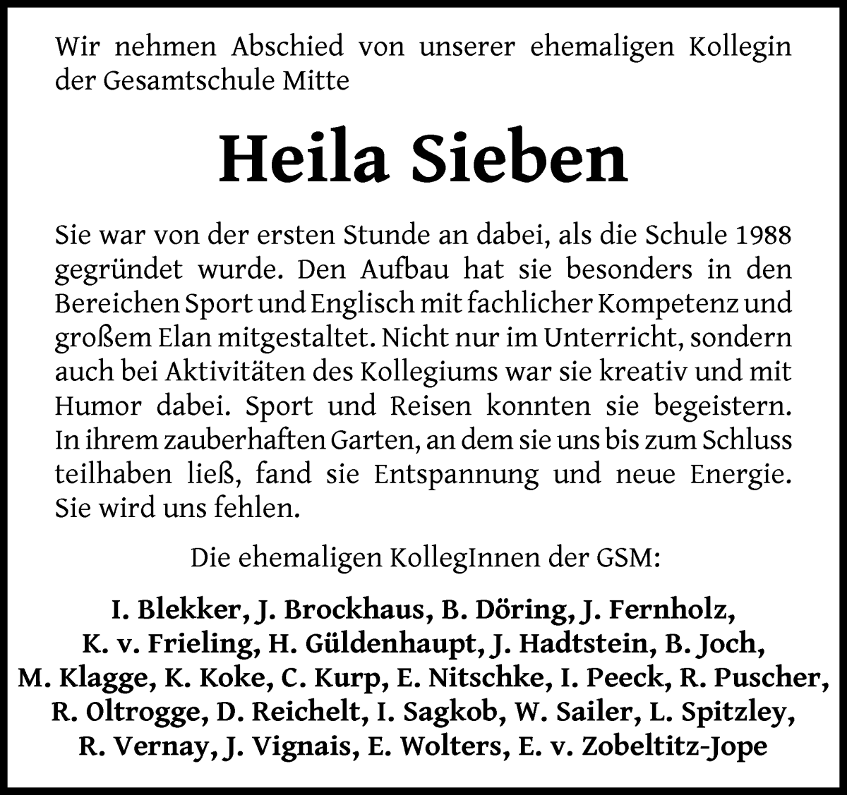 Traueranzeige von Heila Sieben von WESER-KURIER
