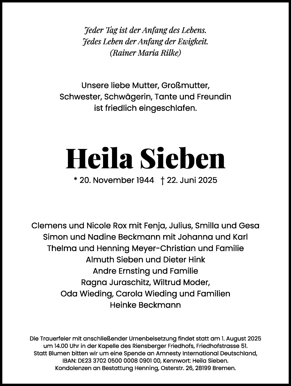 Traueranzeige von Heila Sieben von WESER-KURIER