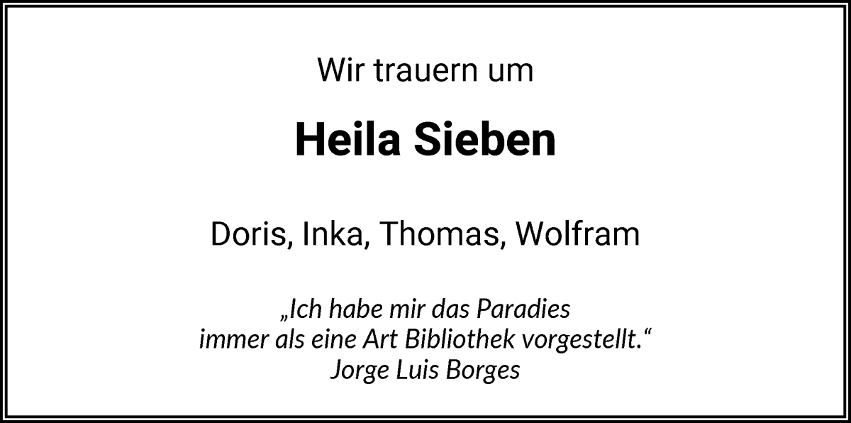 Traueranzeige von Heila Sieben von WESER-KURIER