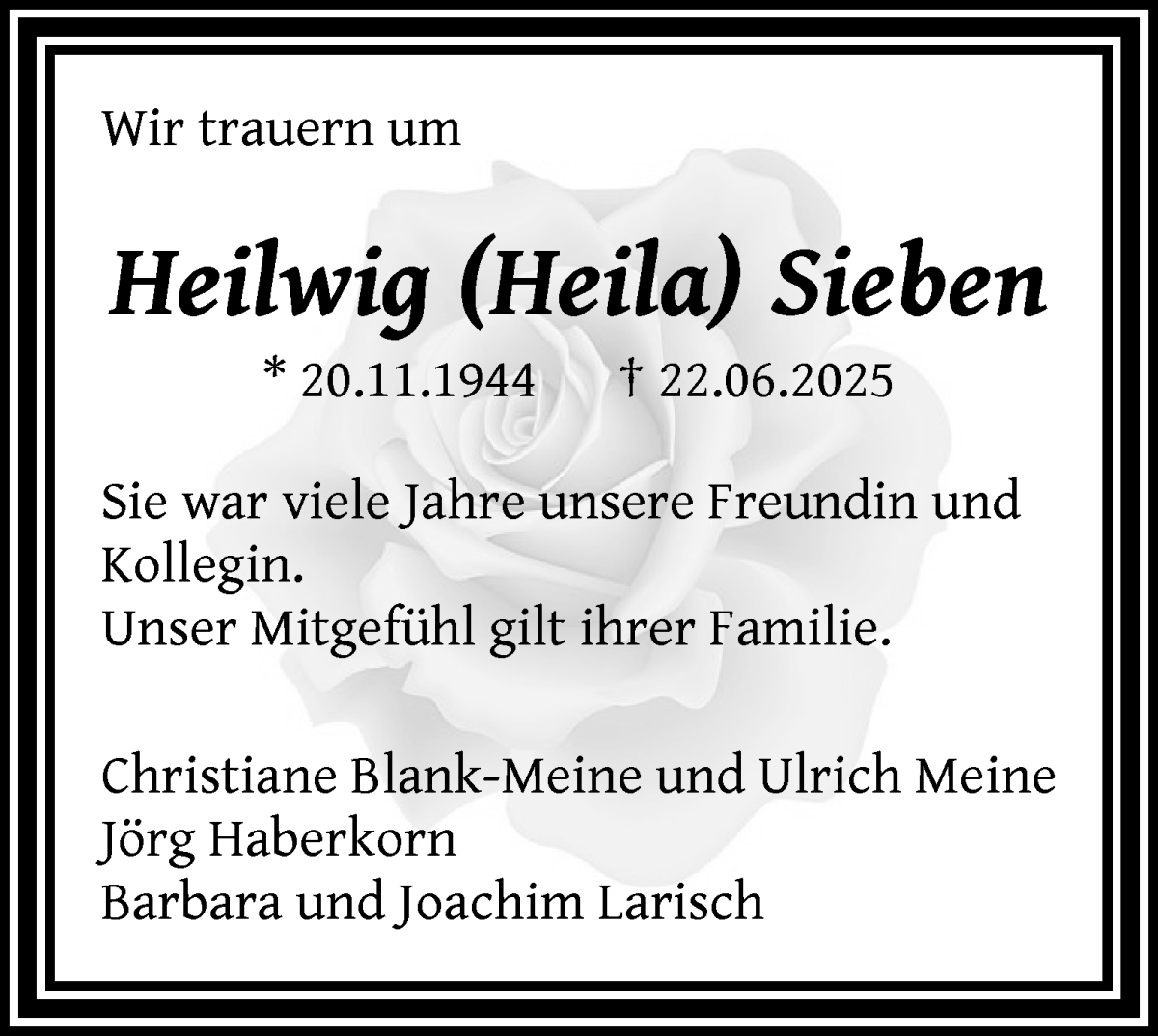 Traueranzeige von Heilwig  Sieben von WESER-KURIER