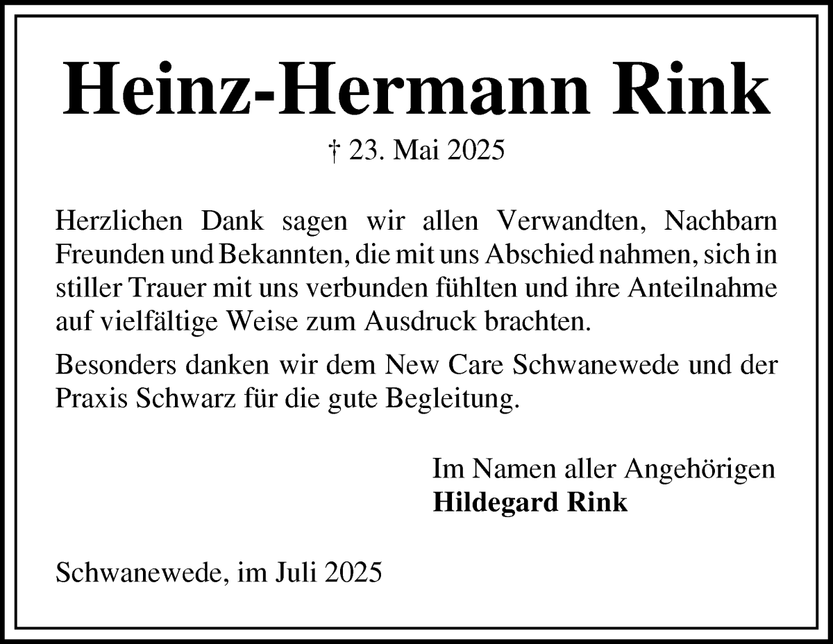 Traueranzeige von Heinz-Hermann Rink von Die Norddeutsche