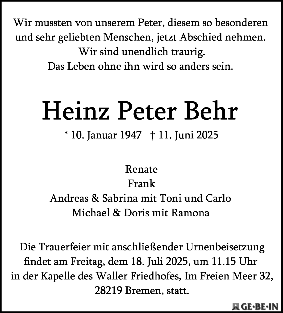 Traueranzeige von Heinz-Peter Behr von WESER-KURIER