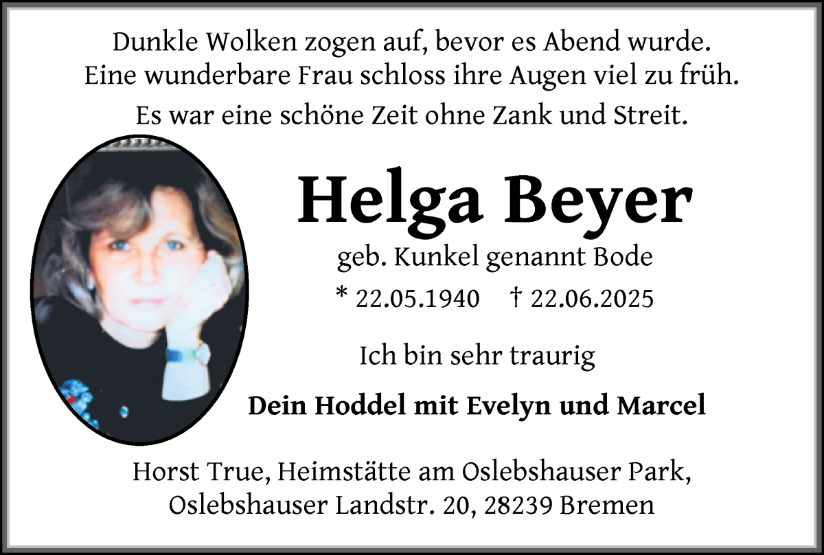 Traueranzeige von Helga Beyer von WESER-KURIER