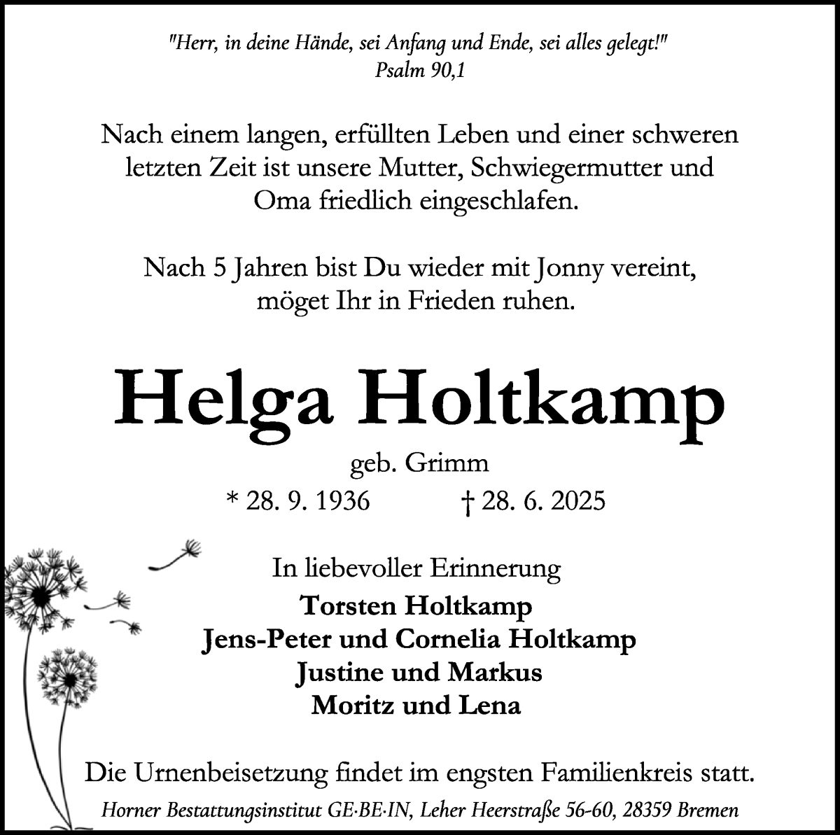 Traueranzeige von Helga Holtkamp von WESER-KURIER