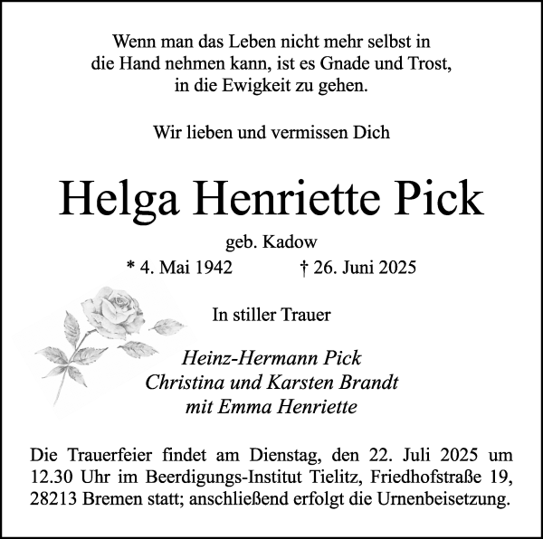 Traueranzeige von Helga Henriette Pick von WESER-KURIER