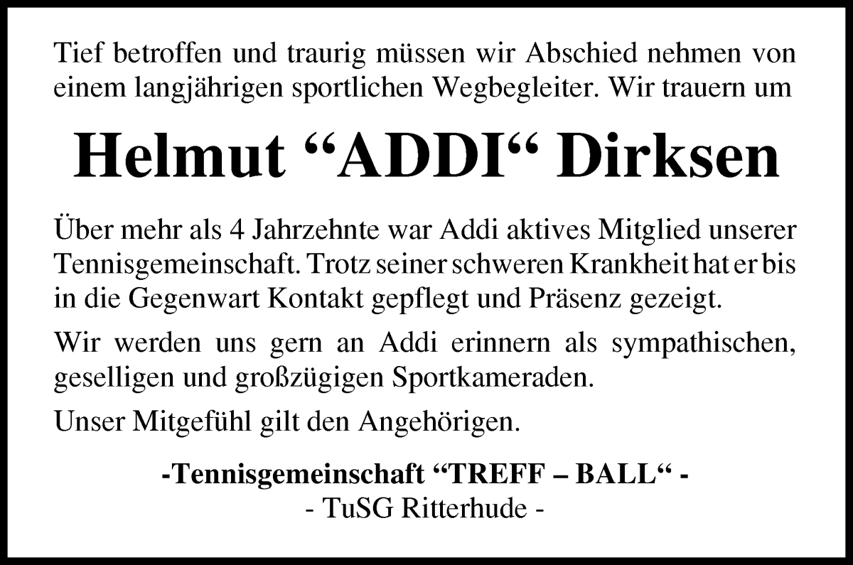 Traueranzeige von Helmut Dirksen von Osterholzer Kreisblatt