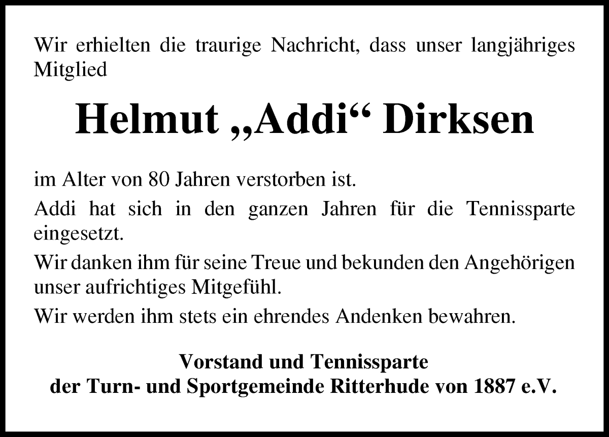 Traueranzeige von Helmut Dirksen von Osterholzer Kreisblatt
