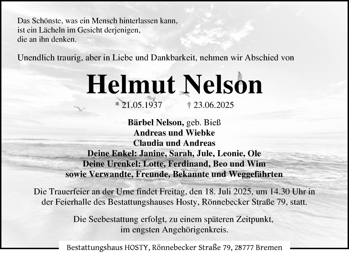 Traueranzeige von Helmut Nelson von Die Norddeutsche