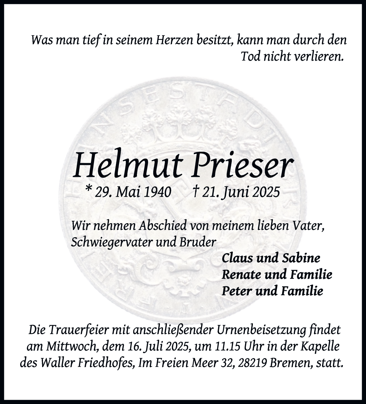 Traueranzeige von Helmut Prieser von WESER-KURIER