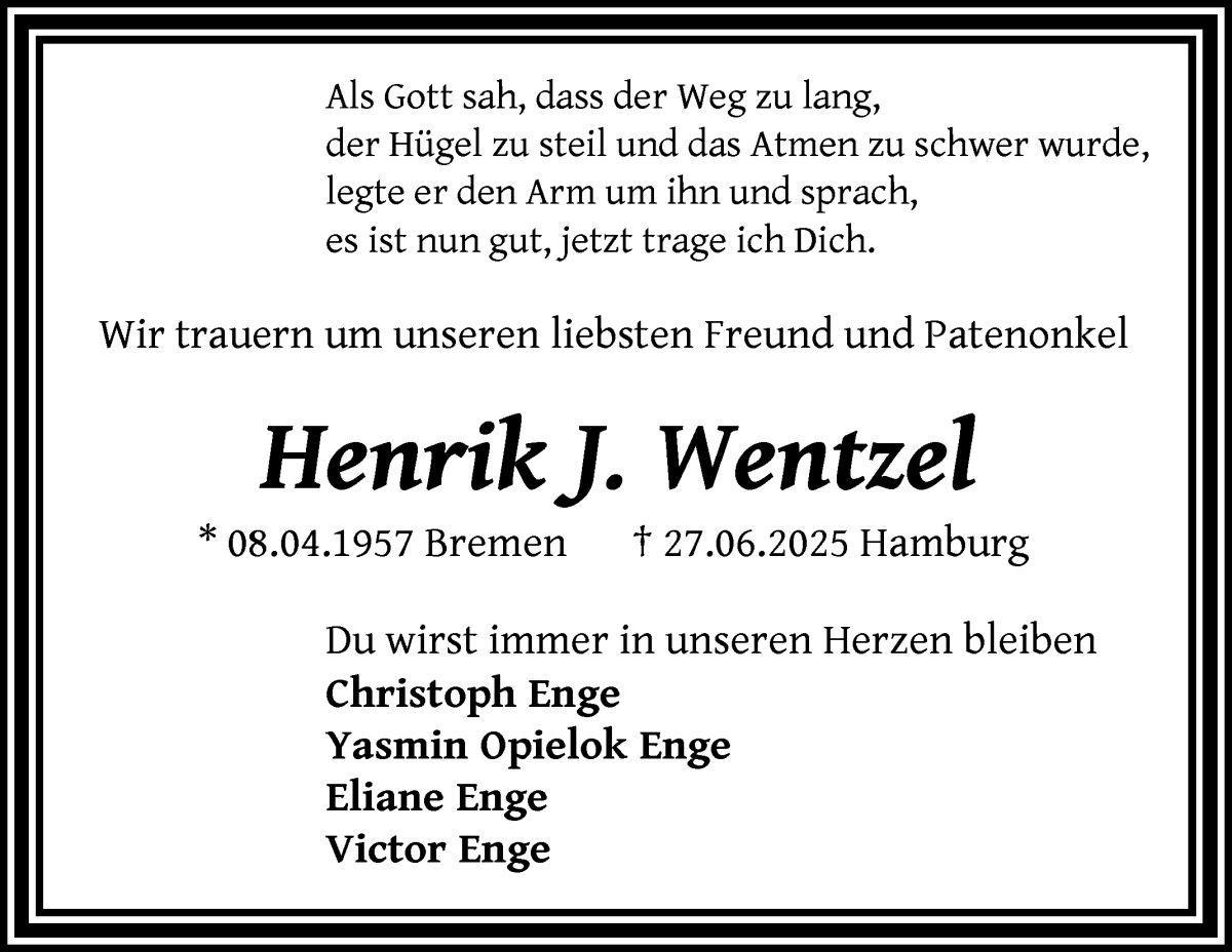 Traueranzeige von Henrik J. Wentzel von WESER-KURIER
