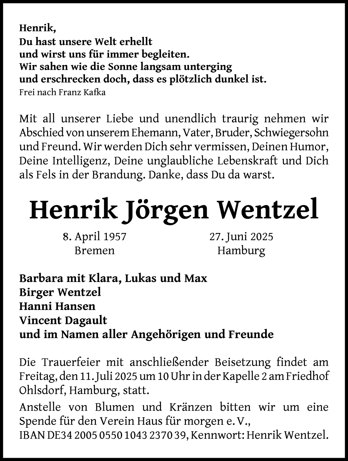 Traueranzeige von Henrik Jörgen Wentzel von WESER-KURIER