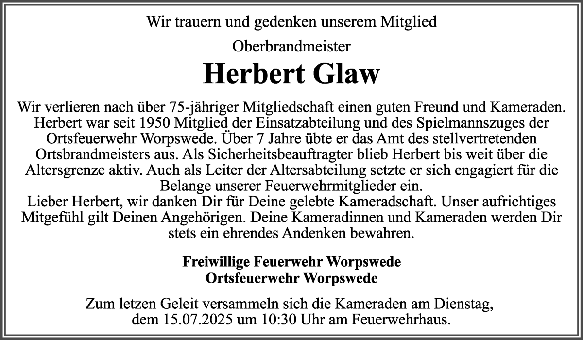 Traueranzeige von Herbert Glaw von Wuemme Zeitung