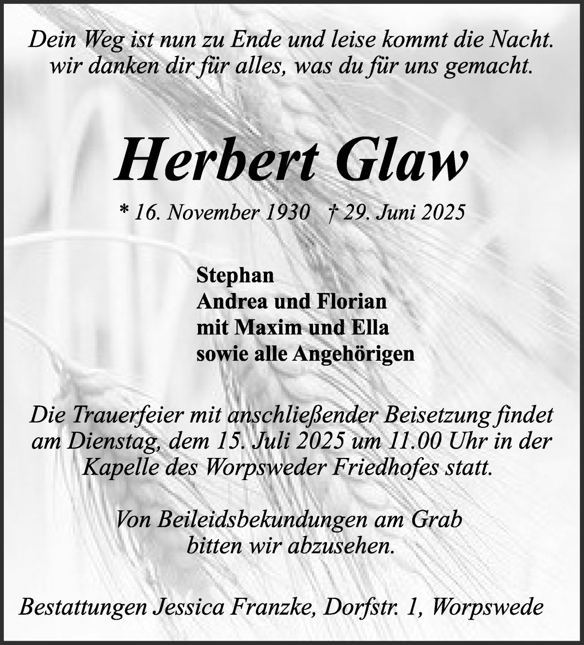 Traueranzeige von Herbert Glaw von Wuemme Zeitung