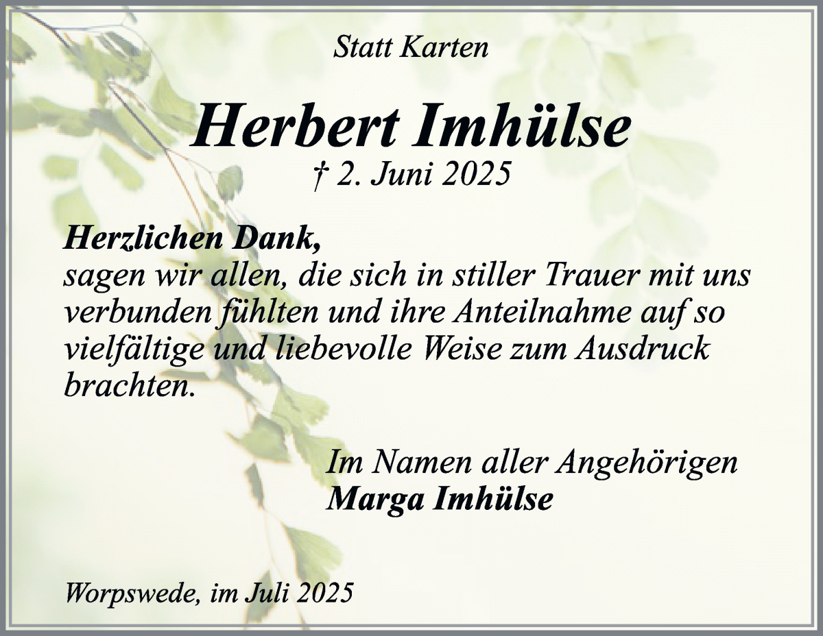 Traueranzeige von Herbert Imhülse von Wuemme Zeitung