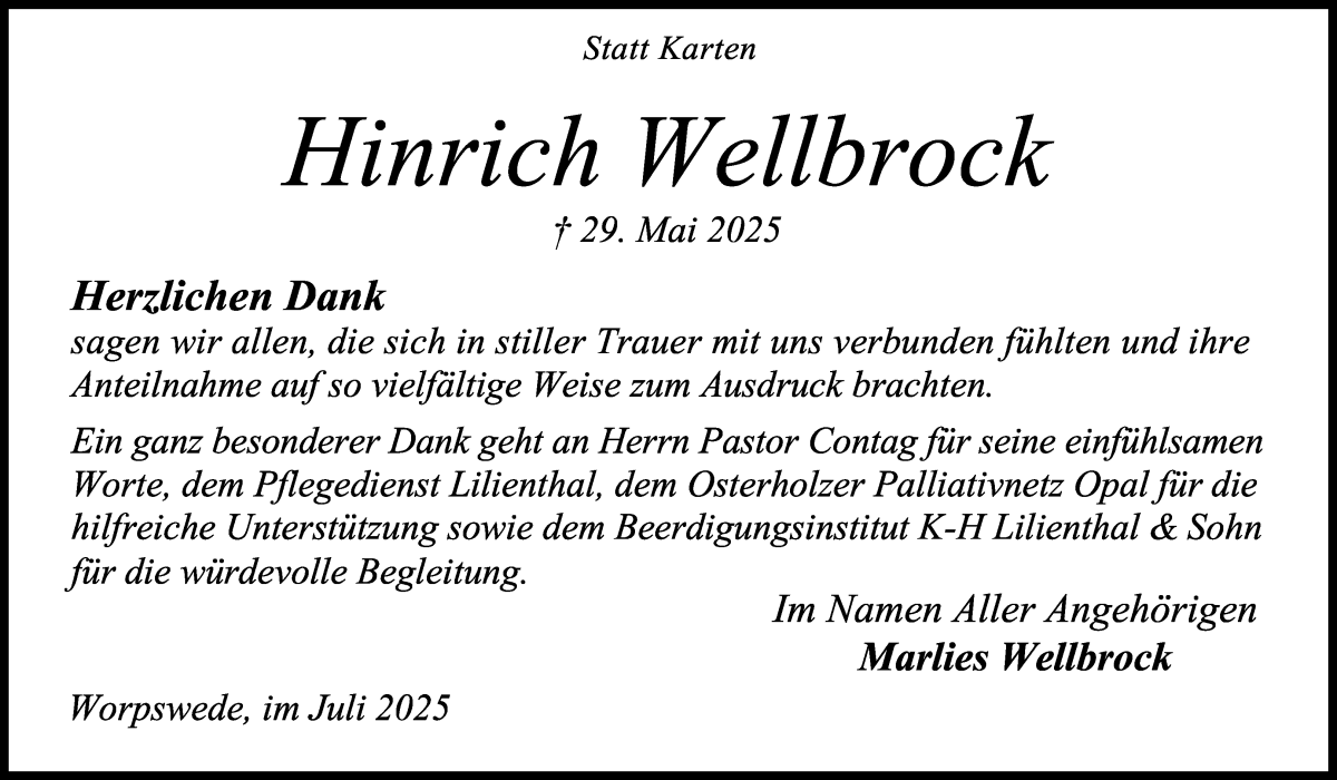 Traueranzeige von Hinrich Wellbrock von Osterholzer Kreisblatt