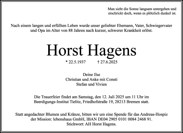Traueranzeige von Horst Hagens von WESER-KURIER