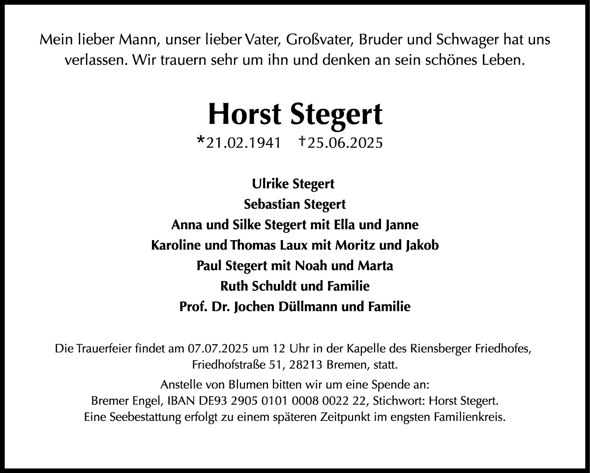 Traueranzeige von Horst Stegert von WESER-KURIER