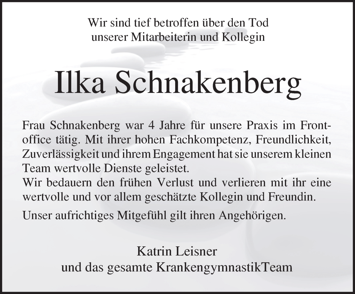 Traueranzeige von Ilka Schnakenberg von Osterholzer Kreisblatt