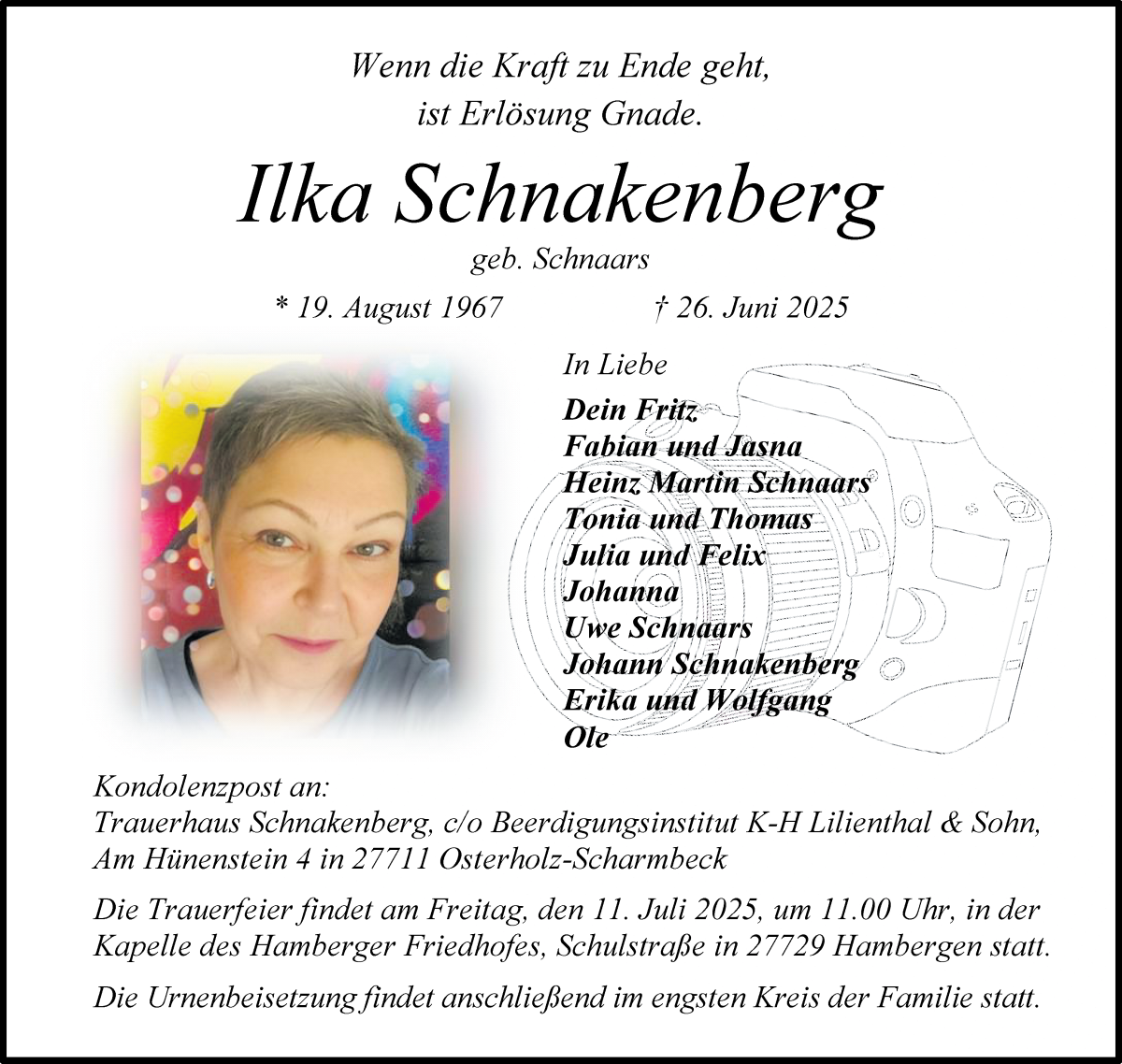 Traueranzeige von Ilka Schnakenberg von Osterholzer Kreisblatt