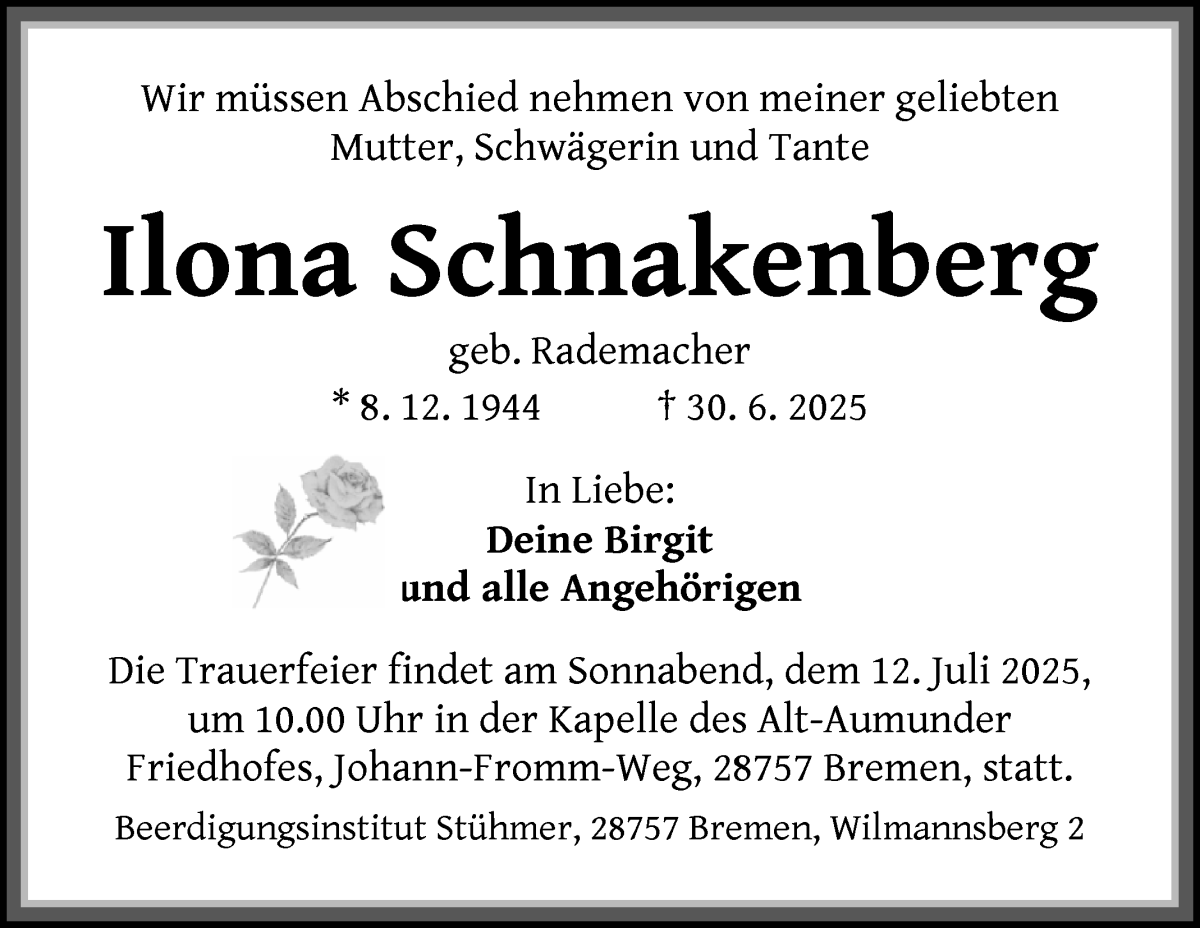Traueranzeige von Ilona Schnackenberg von WESER-KURIER