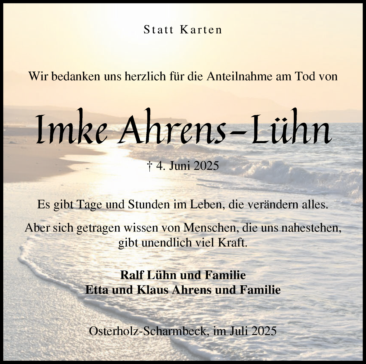 Traueranzeige von Imke Ahrens-Lühn von Osterholzer Kreisblatt