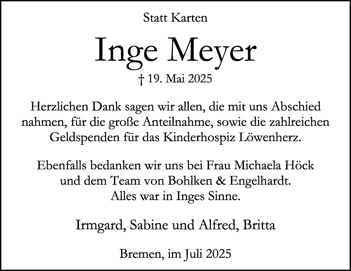 Traueranzeige von Inge Meyer von WESER-KURIER