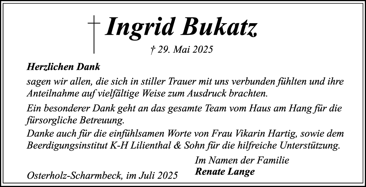 Traueranzeige von Ingrid Bukatz von Osterholzer Kreisblatt