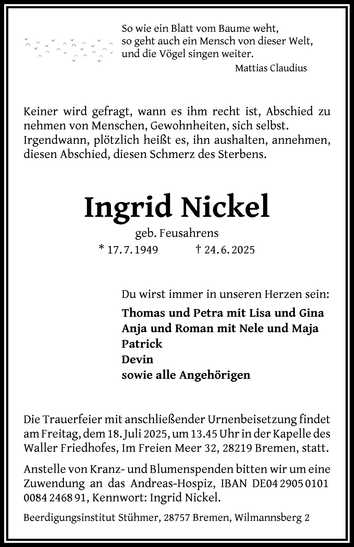 Traueranzeige von Ingrid Nickel von WESER-KURIER