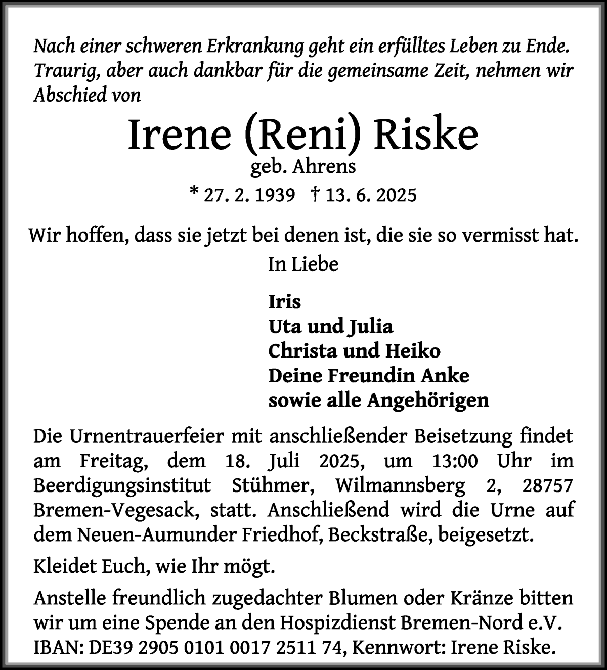 Traueranzeige von Irene  Riske von Die Norddeutsche