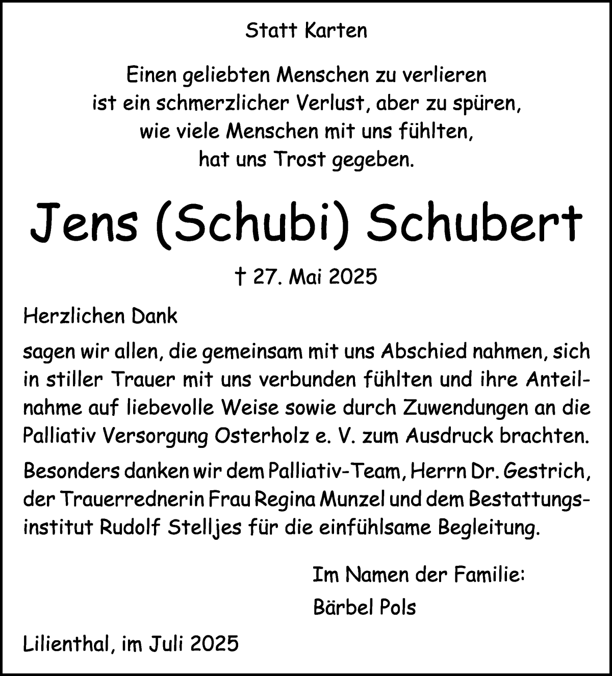 Traueranzeige von Jens Schubert von Wuemme Zeitung