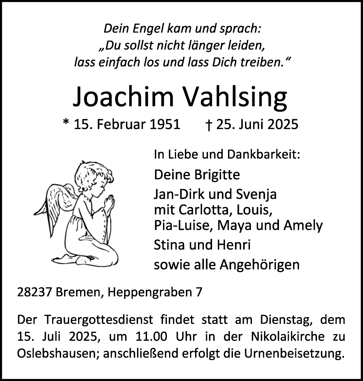 Traueranzeige von Joachim Vahlsing von WESER-KURIER