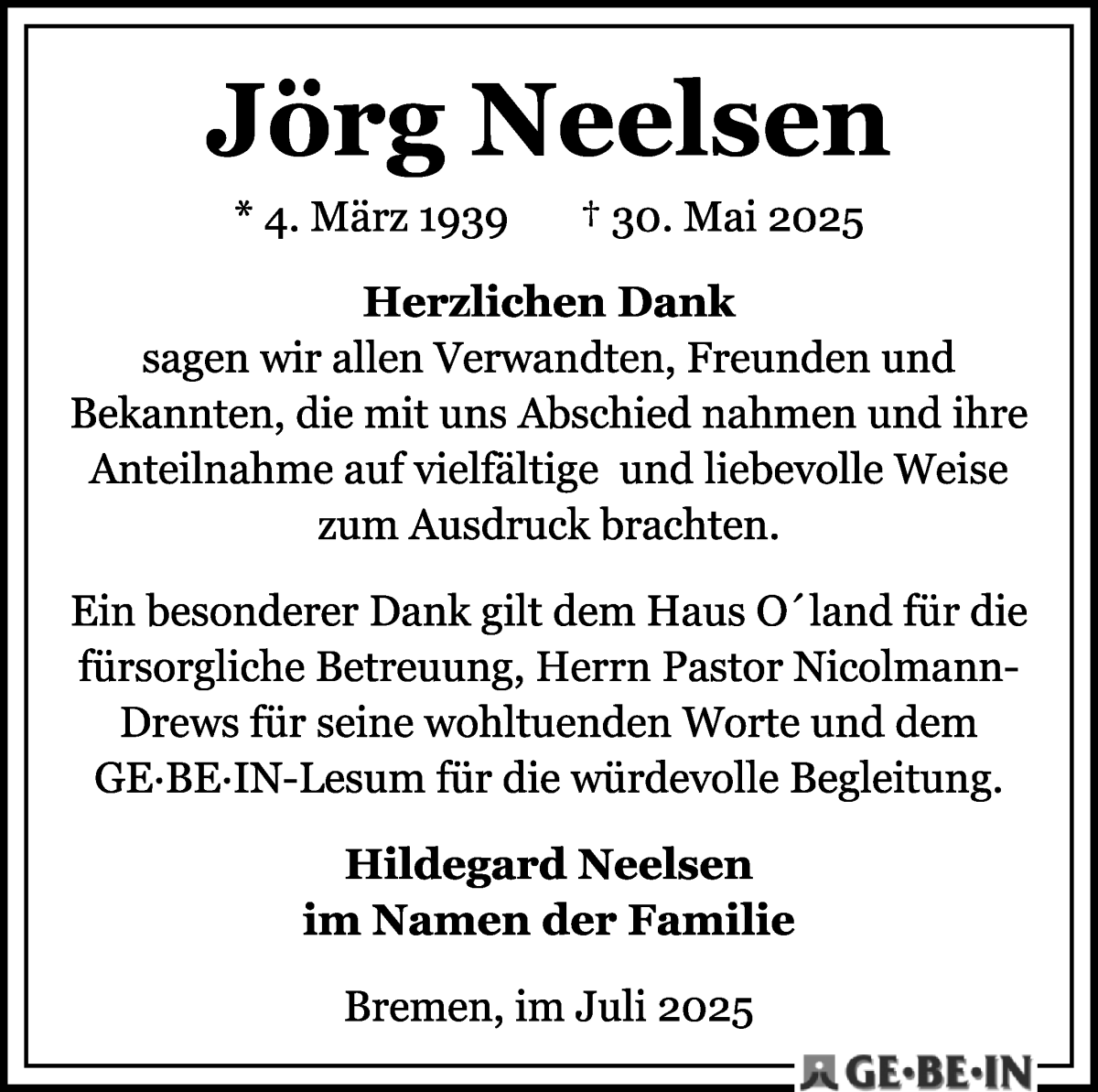 Traueranzeige von Jörg Neelsen von WESER-KURIER