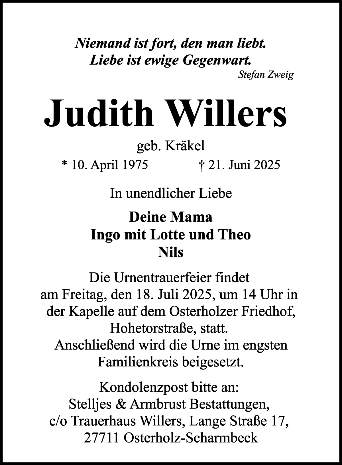 Traueranzeige von Judith Willers von Osterholzer Kreisblatt
