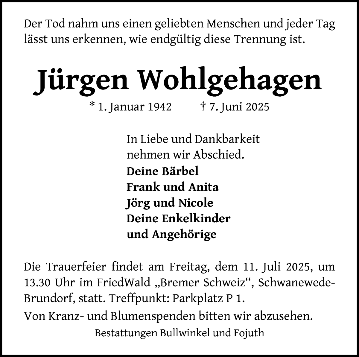 Traueranzeige von Jürgen Wohlgehagen von WESER-KURIER