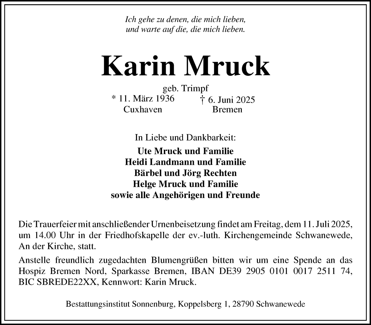 Traueranzeige von Karin Mruck von Die Norddeutsche