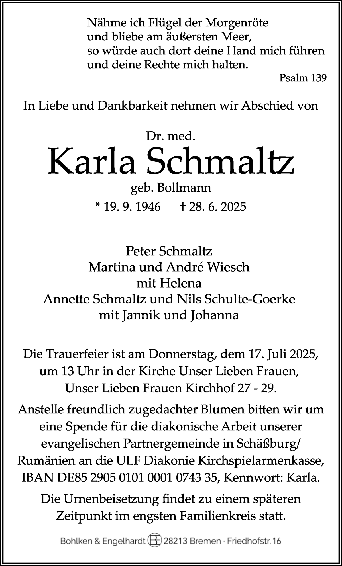 Traueranzeige von Karla Schmaltz von WESER-KURIER