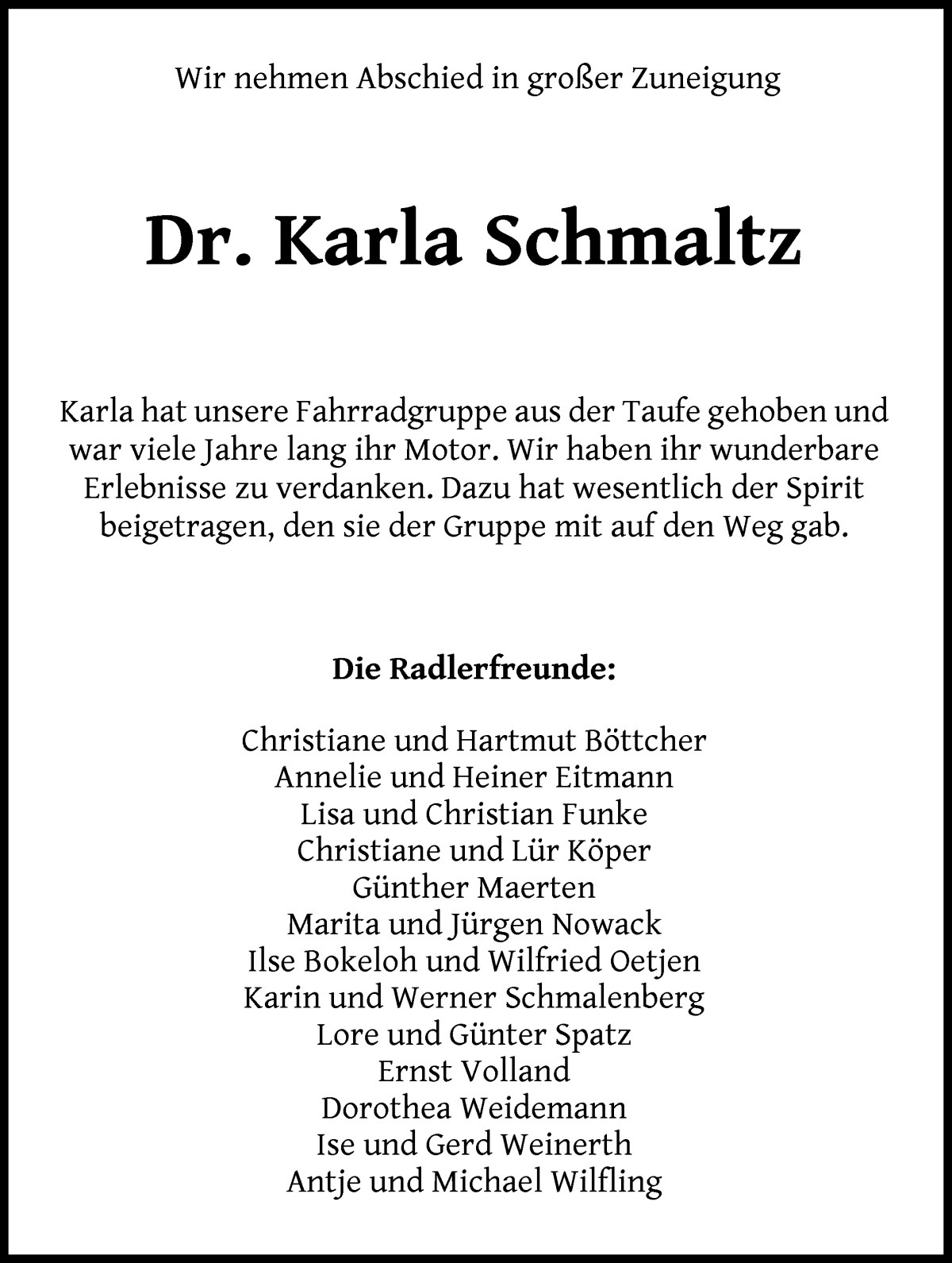 Traueranzeige von Karla Schmaltz von WESER-KURIER