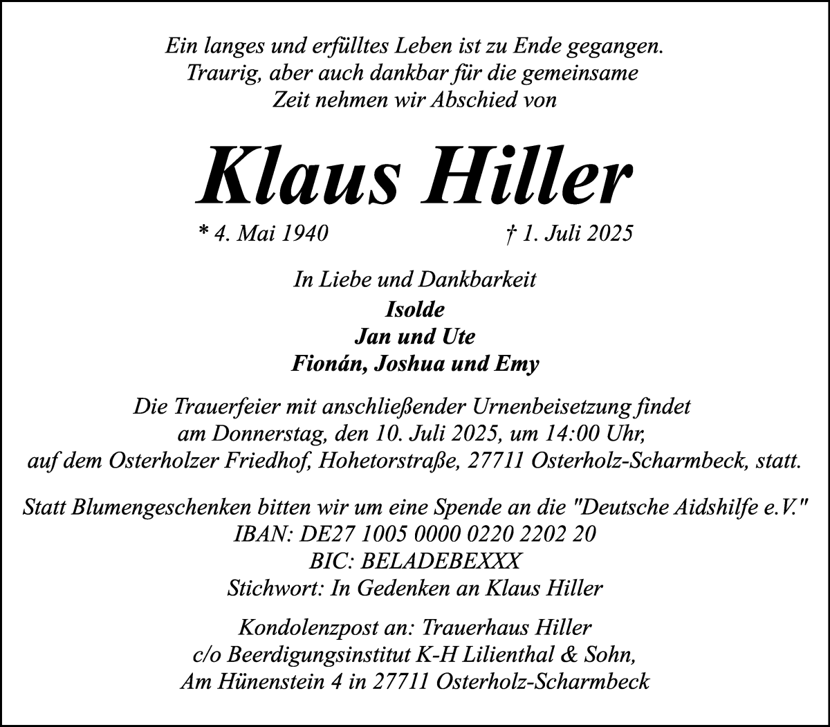 Traueranzeige von Klaus Hiller von Osterholzer Kreisblatt