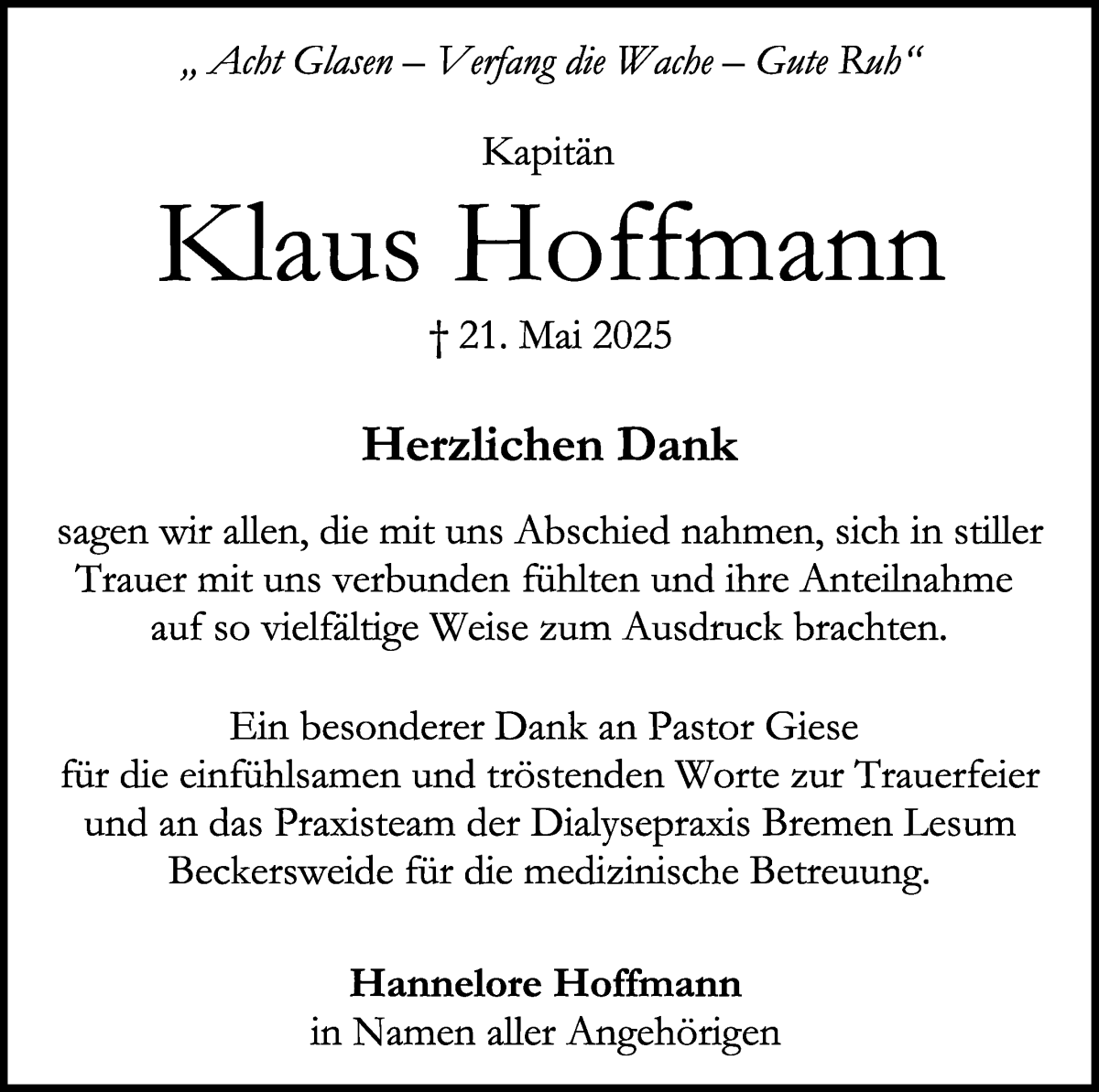Traueranzeige von Klaus Hoffmann von Die Norddeutsche