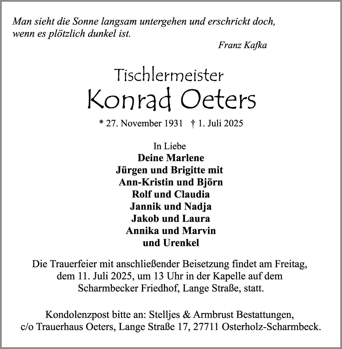 Traueranzeige von Konrad Oeters von Osterholzer Kreisblatt