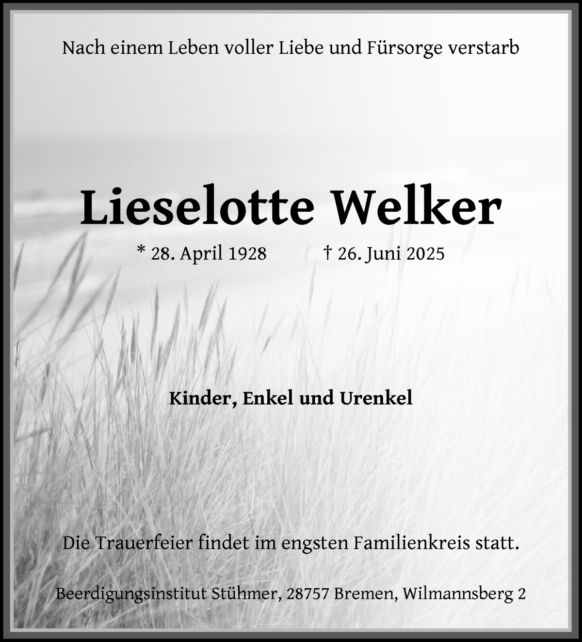 Traueranzeige von Lieselotte Welker von Die Norddeutsche