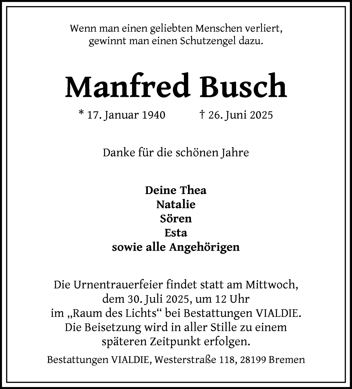 Traueranzeige von Manfred Busch von WESER-KURIER