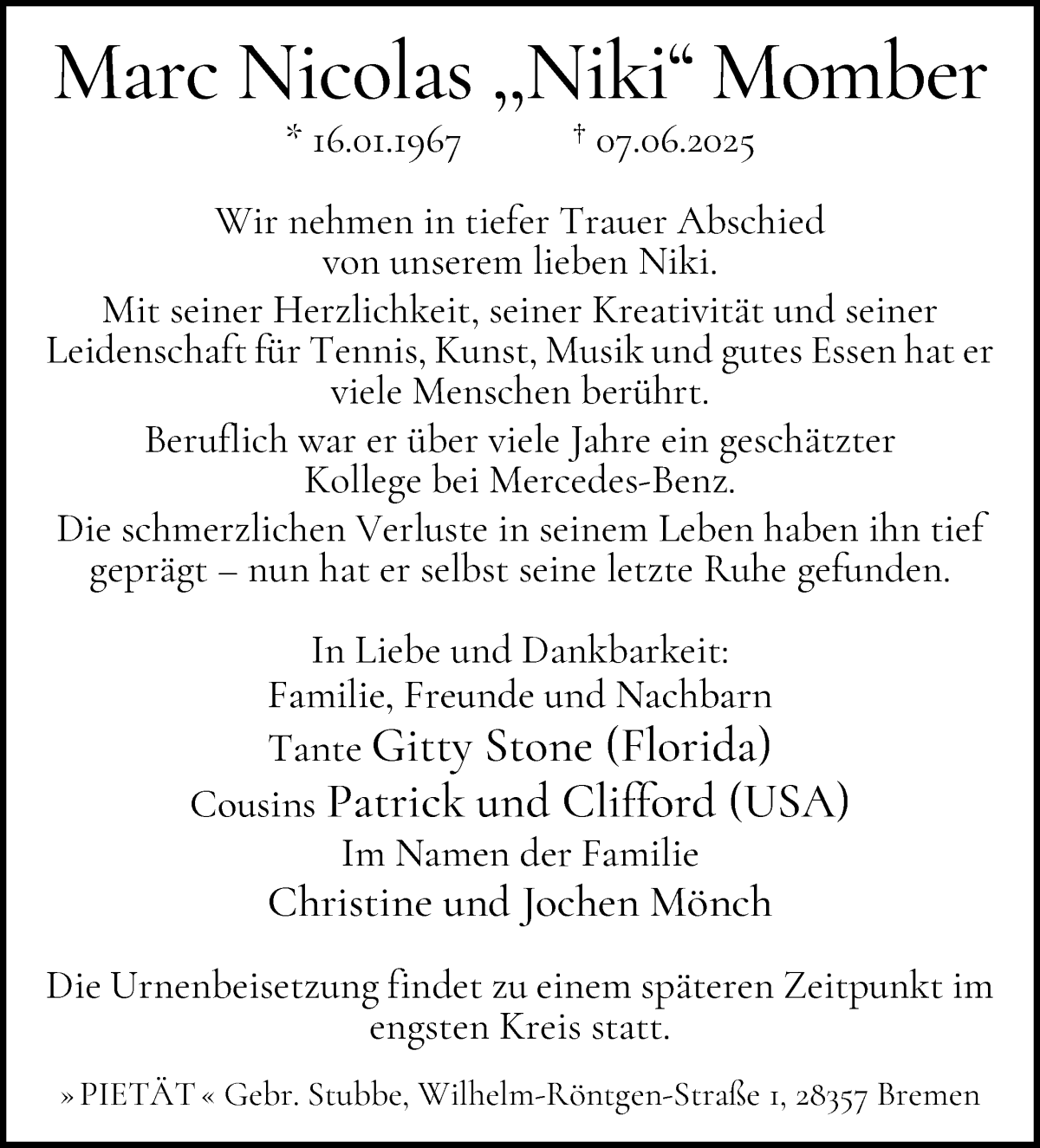 Traueranzeige von Marc Nicolas Momber von WESER-KURIER