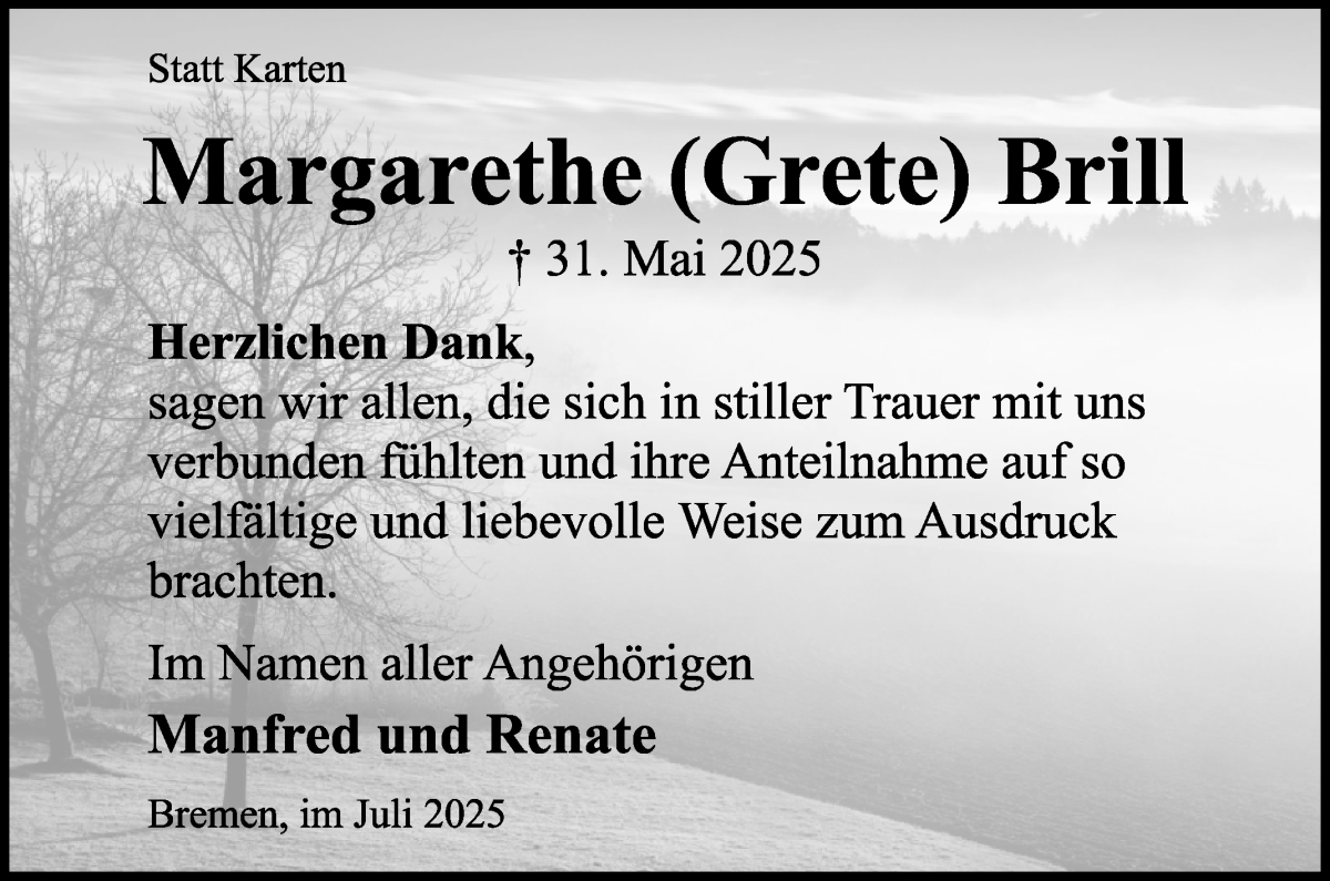 Traueranzeige von Margarethe Brill von WESER-KURIER