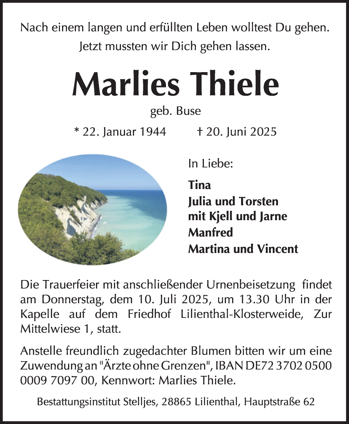 Traueranzeige von Marlies Thiele von Wuemme Zeitung