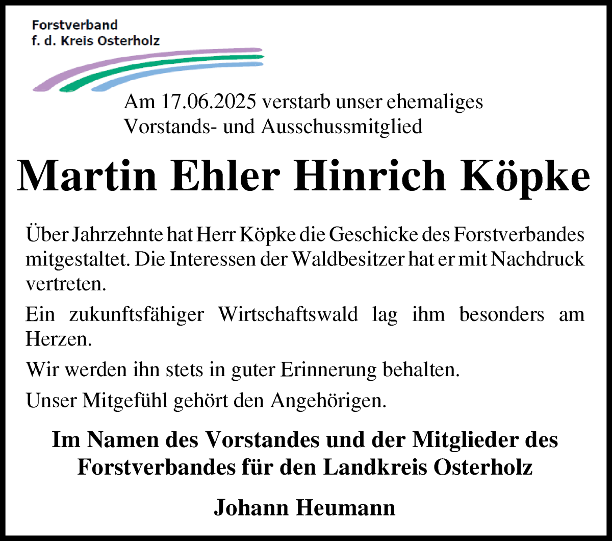 Traueranzeige von Martin Ehler Hinrich Köpke von Osterholzer Kreisblatt