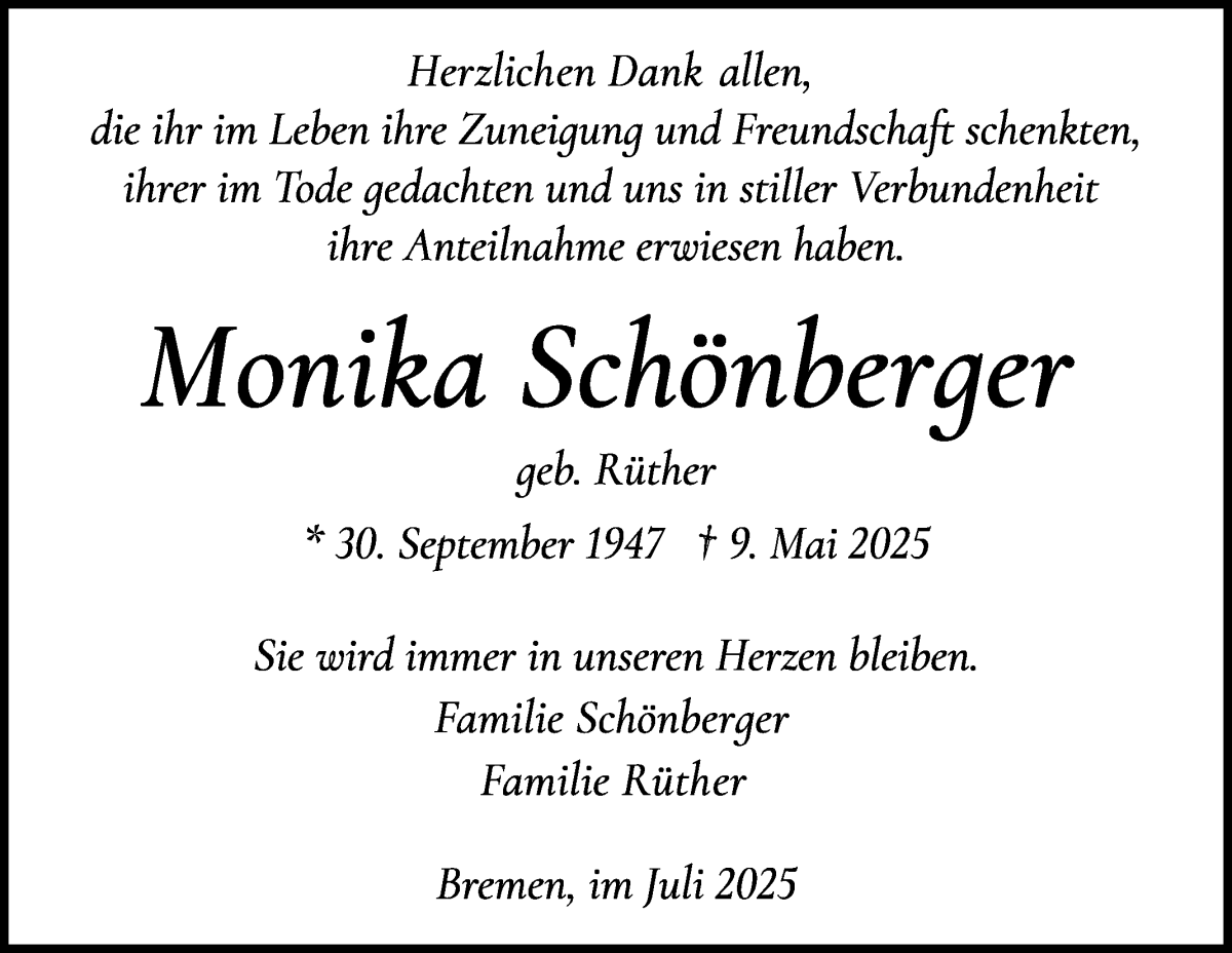 Traueranzeige von Monika Schönberger von WESER-KURIER
