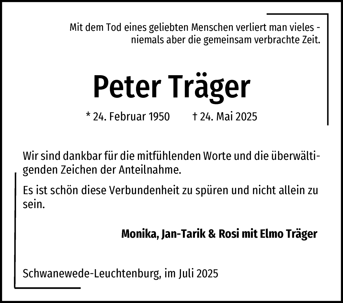 Traueranzeige von Peter Träger von Die Norddeutsche